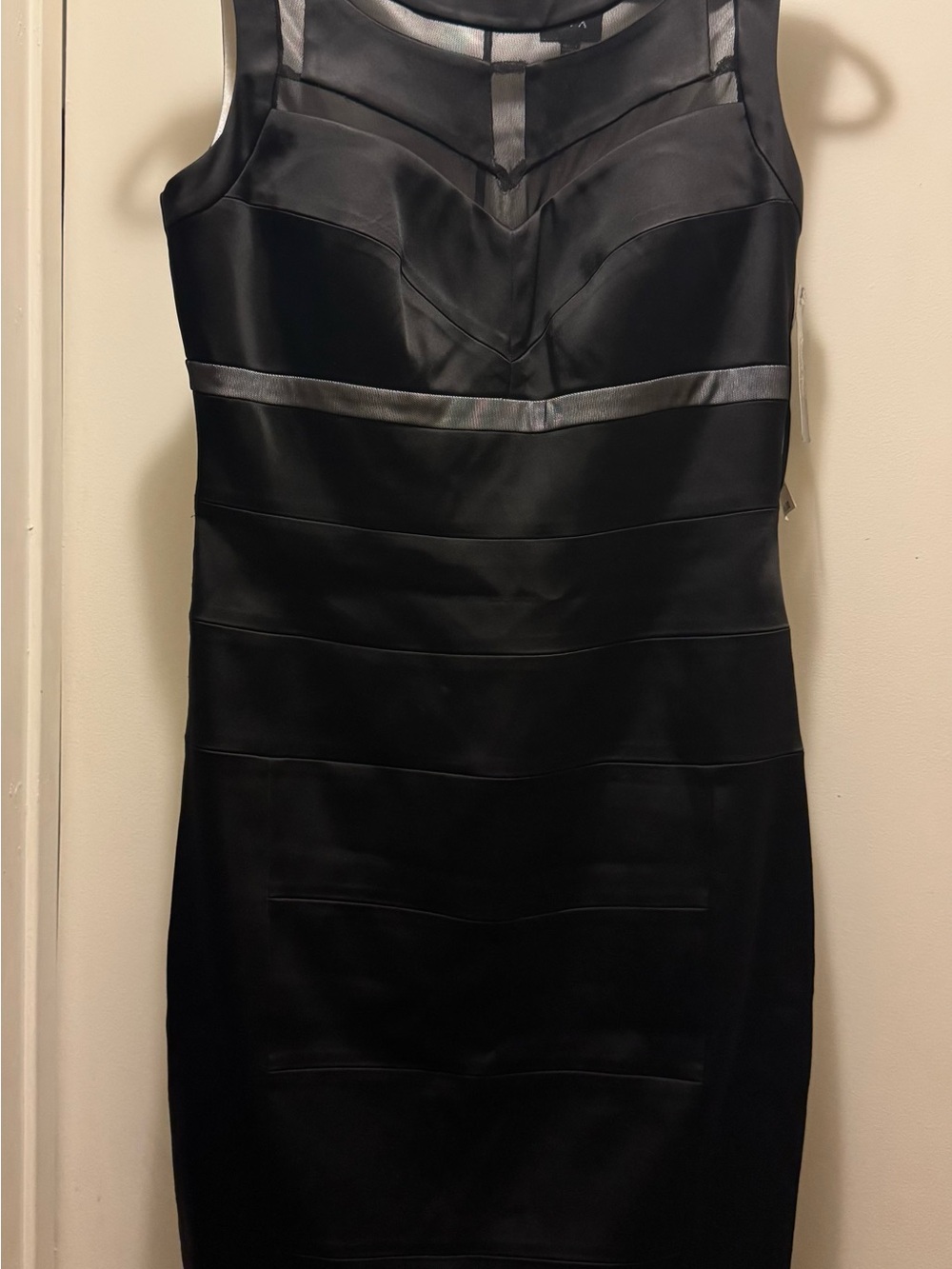 JAX Women’s Sleeveless Black Midi Sheath Dress with Mesh Yoke Size 10